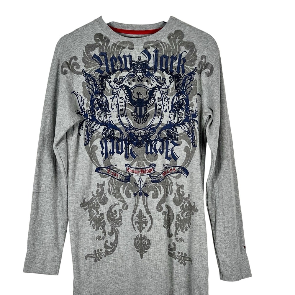 Tommy Hilfiger Kids XL 20 Gray Waffle Thermal Long Sleeve New York Eagle Graphic
